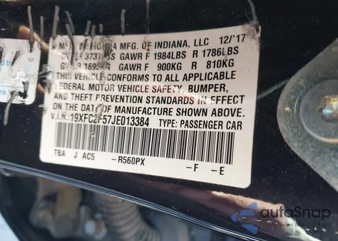 2018 Honda Civic Lx из США, поврежденный, VIN 19XFC2F57JE013384